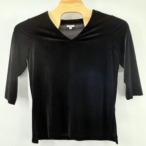 AZ.U.R. Shirt Medium Black Velvet V Neck 3/4 Sleeve Soft Stretchy Minimalist Top